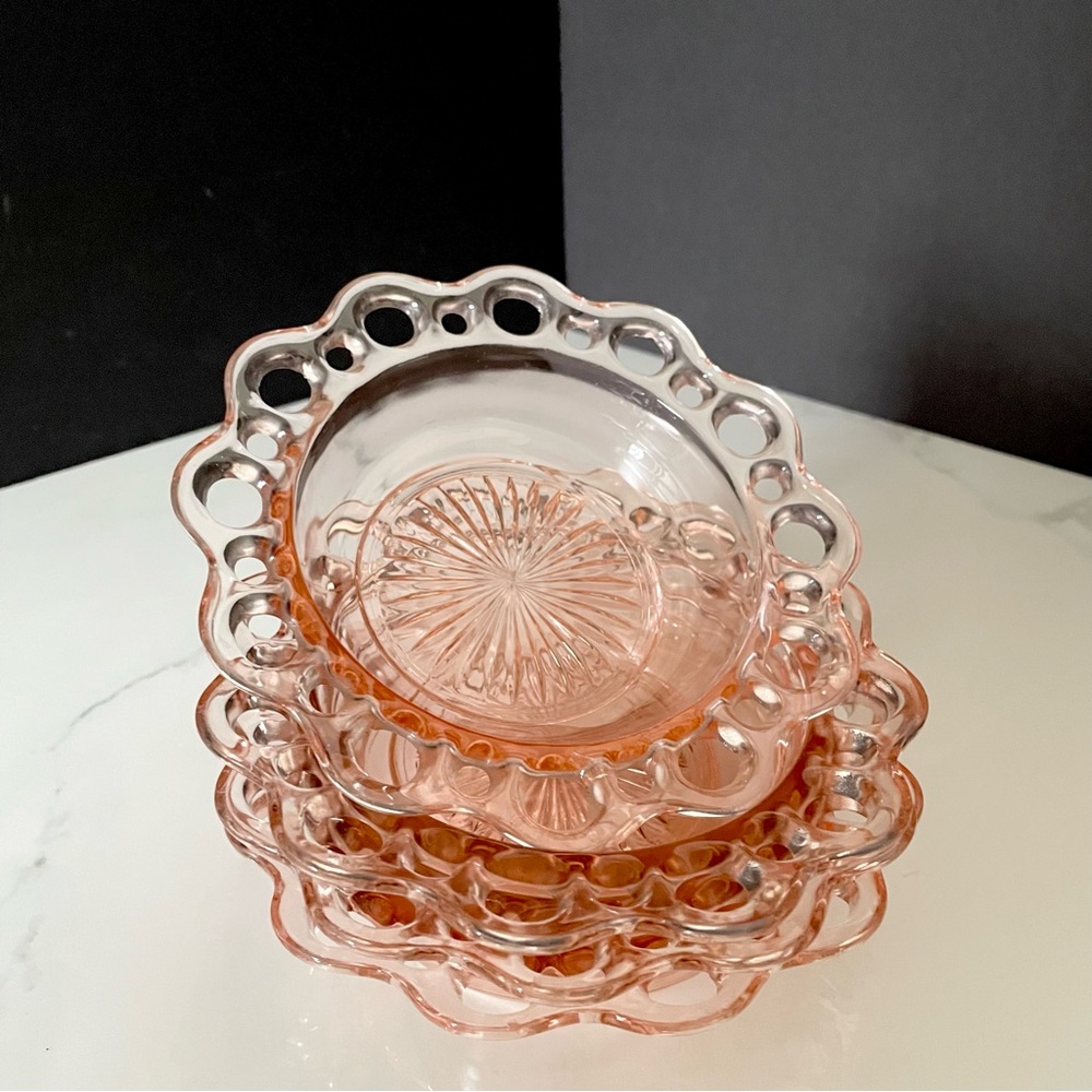 SET of 4 Old Colony Pink Glass Lattice Edge Bowls - Anchor Hocking